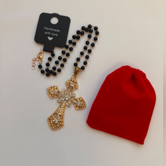 Gold Tone Gothic Statement Cross Charm Rosary Choker Necklace Choker Black Beads - Picture 12 of 12